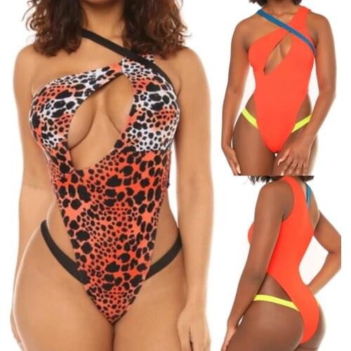 2021 Summer Womens One-Piece Swimwear Leopard Hollow Out Patchwork Open Cup Bra Thong Set Swimsuit Bikini Beachwear Bodysuit