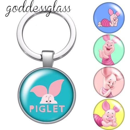 Disney Pooh Friends Piglet Cute Pig glass cabochon keychain Bag Car key chain Ring Holder Charms keychains gift