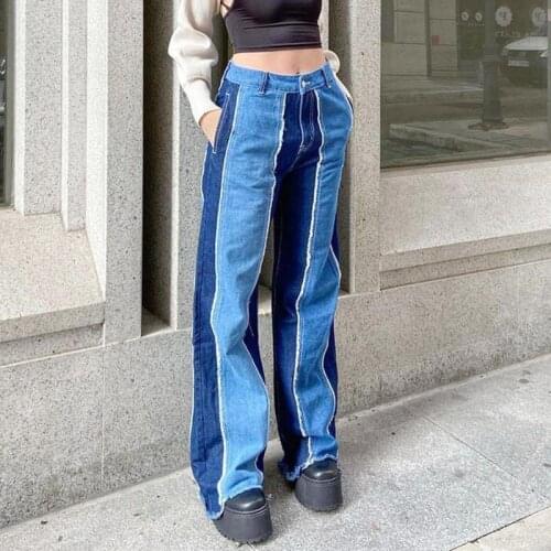 Vintage Patchwork High Waist Womens Pants Patchwork Jeans Streetwear Loose Straight Trousers Ladies Panel Casual Trousers 2021