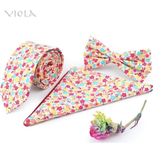 Floral Printed 6.5cm Neck Tie Set 100% Cotton Hankie Butterfly Mens Bowtie Handkerchief Pocket Square Accessory Gift 14Colors