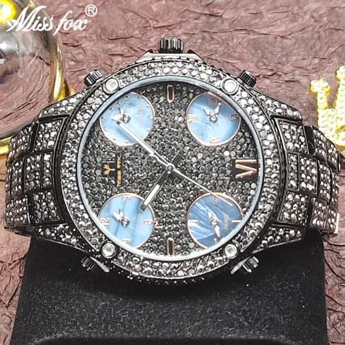 MISSFOX Black Full Diamond Mens Quartz Watch High-end Business 51mm Large Round Dial Gentleman Watches Stainless Steel Clocks