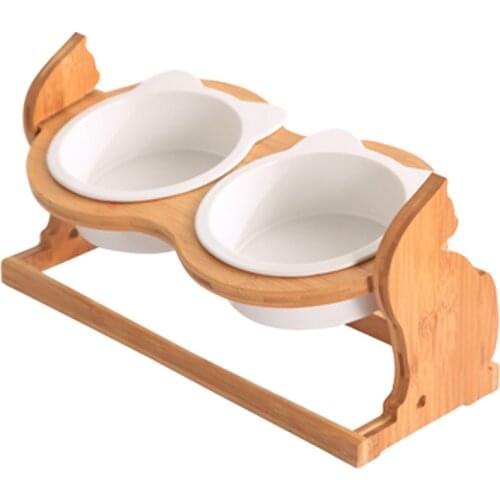 Anti-slip Cat Dish with Slope Base Tilted Pet Ceramic Feeder Feeding Drinking Bowls for Dogs Wood Cat Dining Table Shelf CW251