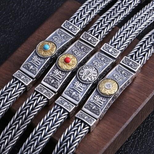 New s925 pure silver six-character mantra vintage woven hemp rope rotatable man bracelet, old Thai silver bracelet for man