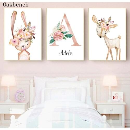 Personalized Custom Name Poster Animals Canvas Painting Fox Fawn Rabbit Posters Flower Wall Art Print Nursery Picture Wall Decor