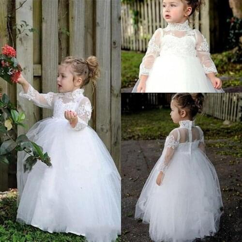 Puffy Princess Flower Girl Dresses White Lace Appliques Sheer Long Sleeve High Collar Ball Gown First Communion Birthday Dress