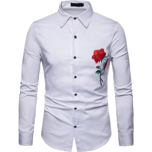 Rose Floral Embroidery Shirt Men 2021 Brand New Long Sleeve Shirt Mens Casual Button Down Dress Shirts Wedding Tuxedo Shirt XXL