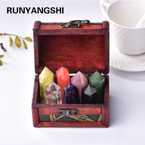 Runyangshi 1set Treasure wooden box suit Seven Star array crystal pillar crystal wand points Energy gem