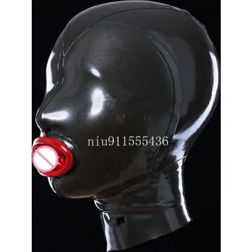 Sexy Exotic Lingerie Latex Hood with Red Mouth Condom Back Zip Fetish Hood Mask for Face Women Men