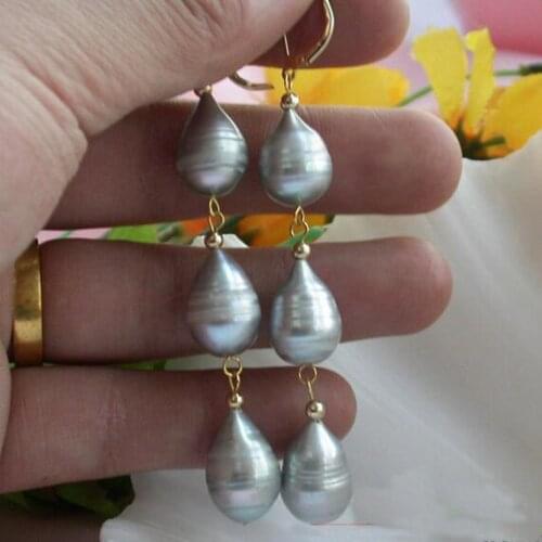 New Favorite Pearl Gold Dangle Earring 17mm Gray Rice Freshwater Pearl Earring Charming Wedding Birthday Party Lady Gift