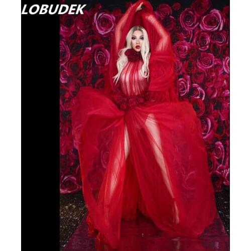 Sexy See-through Red Flower Mesh Dress Valentines Day Bar Party Dance Costume Women Men Bar Nightclub Stage Show Long Dress