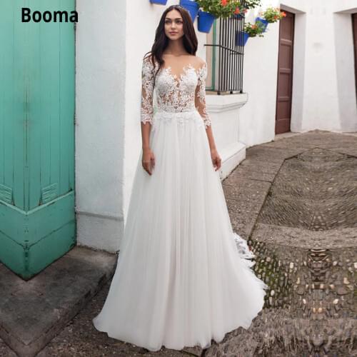 Booma 3/4 Sleeve Ivory A-line Wedding Dresses Top Lace Appliques Soft Tulle Bridal Gown with Sweep Train Beach Boho Wedding Gown