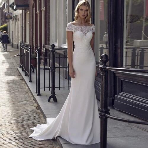 Vestidos De Novia Mermaid Wedding Dress Boat Neck Princess Lace Sweep Train Chiffon Bridal Gowns Custom Made