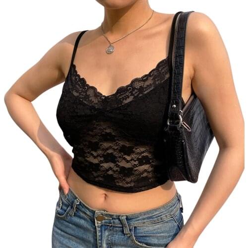 Womens Floral Lace Camisole Vest Sleeveless Spaghetti Strap V Neck Solid Color Crop Cami Tops Black Tanks Tops