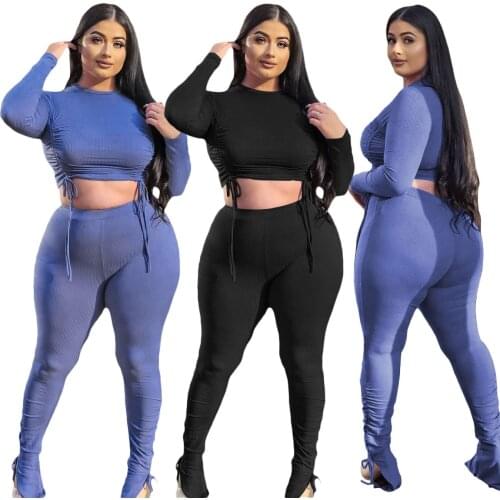 Plus Size XL~4XL Women 2 Piece Set Elastic High Ruched Drawstring Long Sleeve Ribbed Crop Top & Stacked Sweatpant Sweatsuits