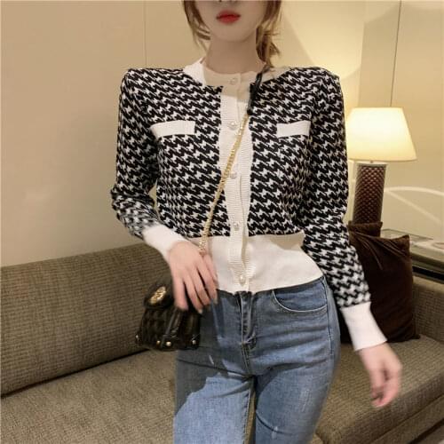 Women Chic Knitted Cardigan Jacket Sexy Houndstooth Sweater Outfits Knitwear For Women