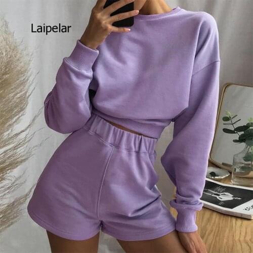 2021 Autumn Solid Casual Two Pieces Tracksuit Women Long Sleeve Cropped Top and Shorts Women Outfits Matching Set Fashion