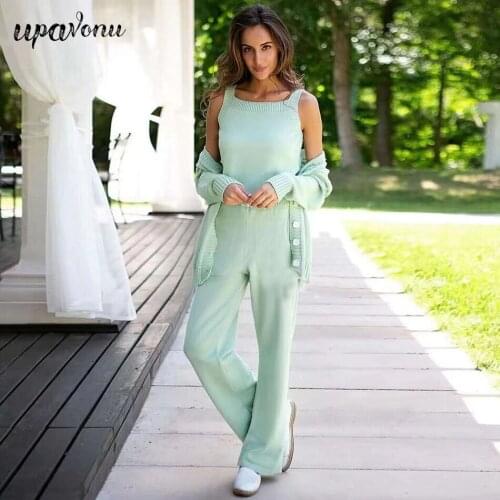 Free Shipping Casual Women Knitted 3-Piece Long Sleeve Single-breasted Cardigan Knit Jacket & Camisole Top & Pants Sets New 2021