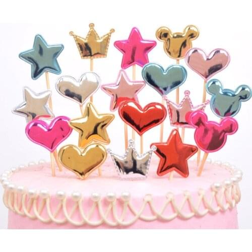 30Pcs Bright Face PU Crown Star Heart Cake Decor Insert Bamboo Stick DIY Craft supplies Padded Ornaments Dessert table Materials