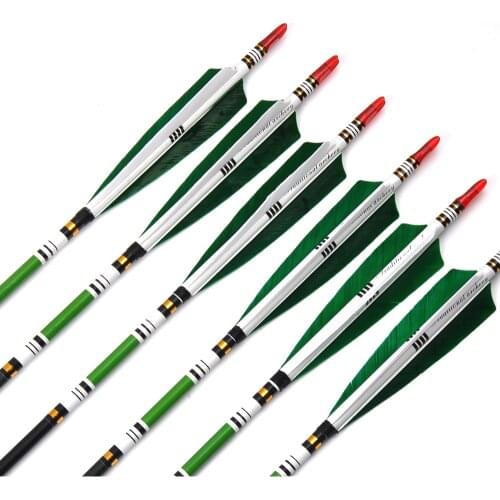 6/12/24pcs 85cm Spine 500 Carbon Arrows with 2 Green 1 White Turkey Feather White Green Stickers for Hunting Shooting Archery