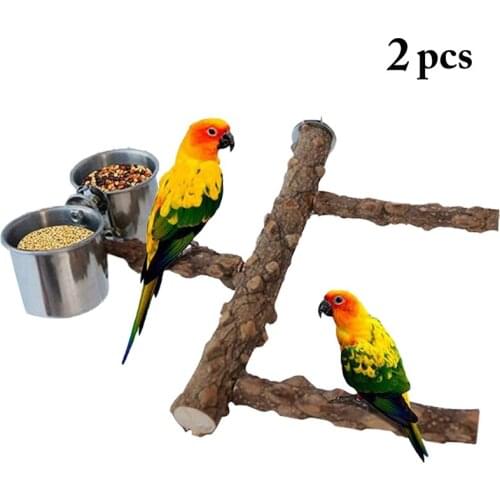 Bird Cage Perch Wooden Natural Parrot Stand Perch Parrot Stand Branch With Bowl Bird Parakeet Cage Perch Birds Accessories