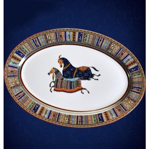 Jungle Horse 12 Inch Oval Serving Plate Dinner Fish Tray Quality Ceramic Dinnerware Noble Horse on The Run Pasta Plate