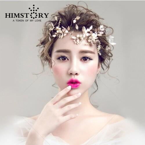 HIMSTORY Charm Handmade Floral Leaves Headband Pearl Wedding Hairband Crystal Bridal Hair Accessories Headpiece