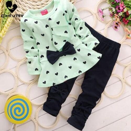 2Pcs Newborn Infant Baby Girls Clothes Set Spring Autumn Toddler Girls Heart Print Bow Dress Tops + Solid Pants Kids Cloth Sets