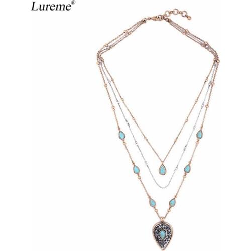 Lureme Women Boho Beads Chains Multilayer Necklace with Turqouise & Teardrop Pendant (nl005806)