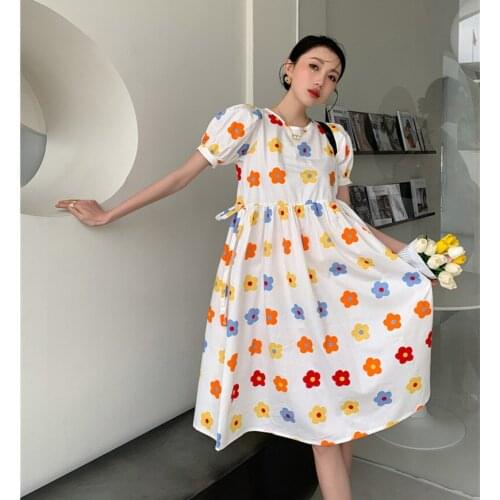 Kawaii Dress Korean Cute Girly White Vintage Academy Vacation Style Summer Short Sleeve Floral Printed A Line Midi Dress