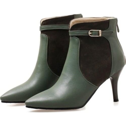 Big Size Fashionable Tip-Up Fashion Fine-heeled Back Zipper Metal Button Mid-heeled Shoes and Boots