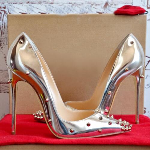 2020 summer new style fashion women pumps silver patent leather studded spikes pointy toe heels stiletto heel shoes big size 44