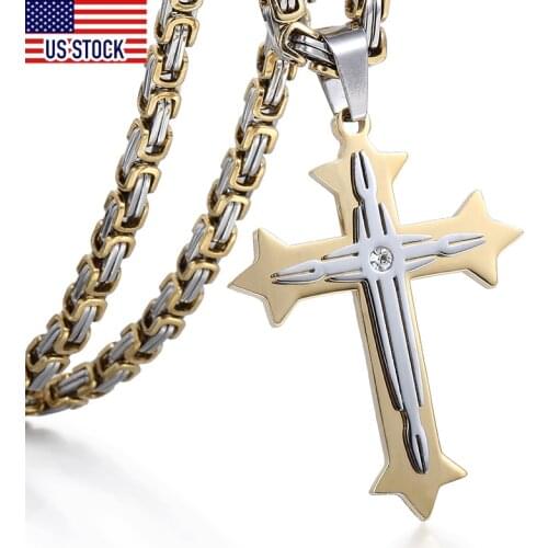 Davieslee Cross Stainless Steel Pendant Necklace For Men Boy Byzantine Chain Gold Silver Color Cross Jewelry 24-30inch DKP02