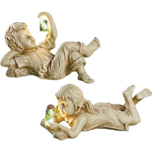 Garden Sculpture Solar Lighted Kid Design Resin Vintage Boy Girl Statue for Patio