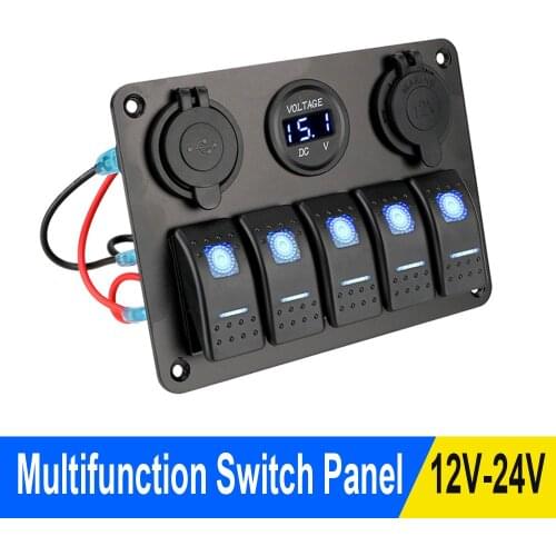 5 Gang LED Rocker Switch Panel 12/24V Outlet Combination Digital Voltage Dual USB Slot Socket for Marine Car Rv Vehicles Truck