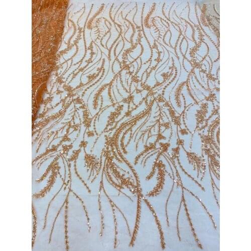 5yards/pc) High grade orange African French net lace with beads and sequins embroidered tulle lace fabric for fine dress FRX019