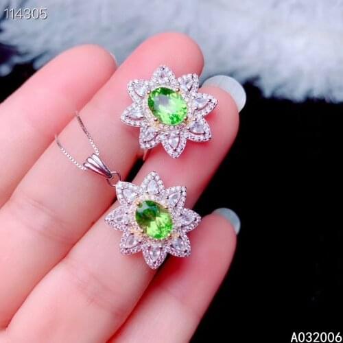 KJJEAXCMY Fine Jewelry 925 Sterling Silver Inlaid Natural Peridot Gemstone luxury Ring Necklace Pendant Set Support test