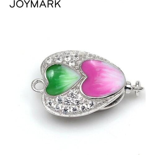 Trendy Heart Shape Enameled Zircon Micro Pave 925 Sterling Silver Box Clasps For Pearl Gemstone Necklace Bracelet SC-BC216