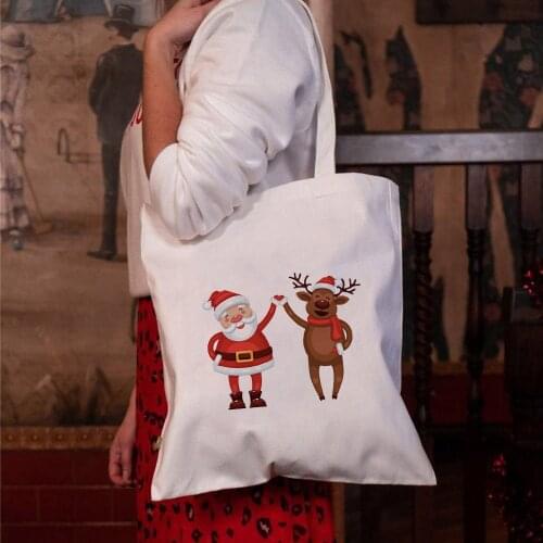Women Canvas Shoulder Bag Cute Father Christmas And Elk Cartoon Printed Shopping Bag Eco Shopper Bags Handbag Tote For Girls
