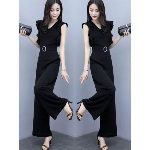Women Jumpsuits Black Elegant Office Lady Solid Ruffle Sleeveless Rompers Summer Workwear