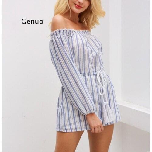 Sexy off shoulder blue striped women jumpsuit romper Summer style beach short playsuit Casual macacao lining overalls