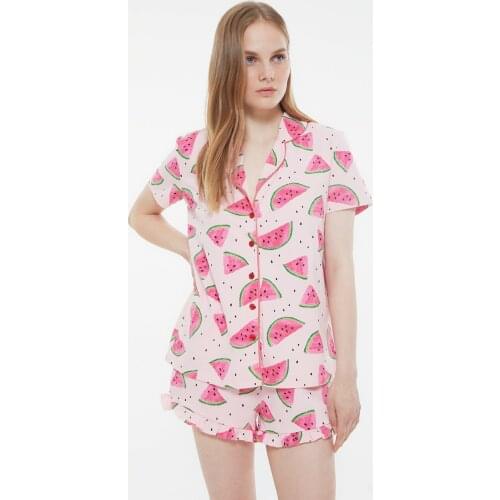 Womens Pink Watermelon Pattern 100% Cotton Knit Pajamas Set Summer Short Sleeve Femme Two Piece Shirt Shorts Set Casual Home Clothing 2021 New Sleepwear