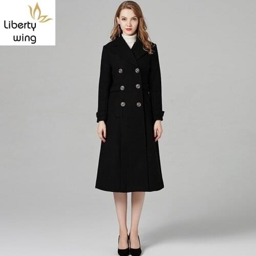 Elegant Solid Black X-Long Wool Coat Women Fashion Lapel Double Breasted Casual Woolen Jacket Female High Quality Outerwear Lady
