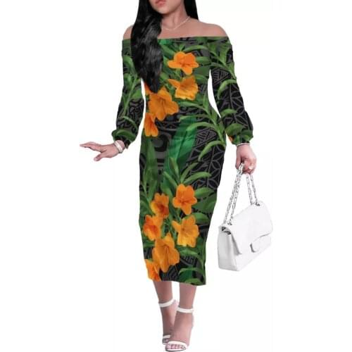 HYCOOL Custom Polynesian Hibiscus Print Green Off Shoulder Bandage Dress Lady Elegant Long Sleeve Gowns Oversize Bodycon Dresses