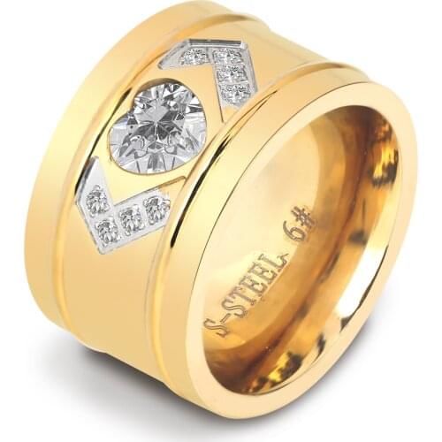 14mm Wide Yellow Gold Color Stainl.steel Heart CZ Zircon Channel Setting wedding ring for women