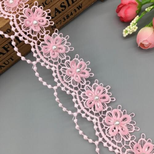 1 yard Pink 4cm Pearl Beaded Sun Flower Wave Embroidered Lace Trim Ribbon Applique DIY Sewing Craft For Costume Wedding Dress