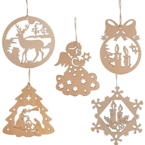 10pcs Unfinished Wood Pendant Blank DIY Wooden Ornaments Christmas Crafts Kit for Christmas Holiday Hanging Decorations