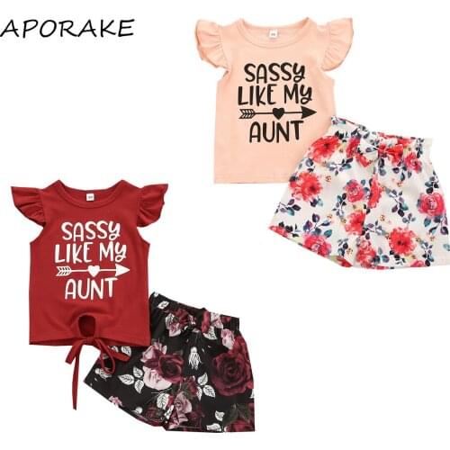 2021 0-5Y Sweet Girls Clothing Fashion Letter Printed Fly Sleeve Tops Bandage T-shirt+Bow Flower Short Pants Summer 2pcs Set