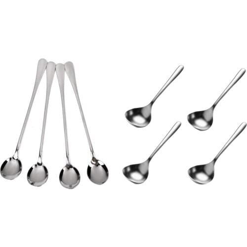 8 Pcs Spoons: 4 Pcs Super Long Round Head Coffee Spoons & 4 Pcs 6.7Inch Long Handle Soup Spoon