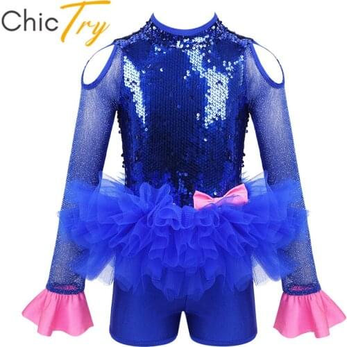 ChicTry Kids Shiny Sequins Tutu Ballet Dress Jumpsuit Gymnastics Leotard for Girls Performance Jazz Modern Lyrical Dance Costume