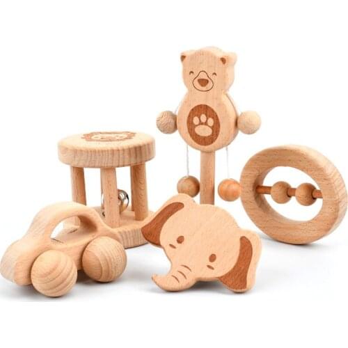 Baby Soothing Grasping Hand Holding Wooden Rattle Early Education Wood Set Infant Educational Toy Cartoon Animal Shape
